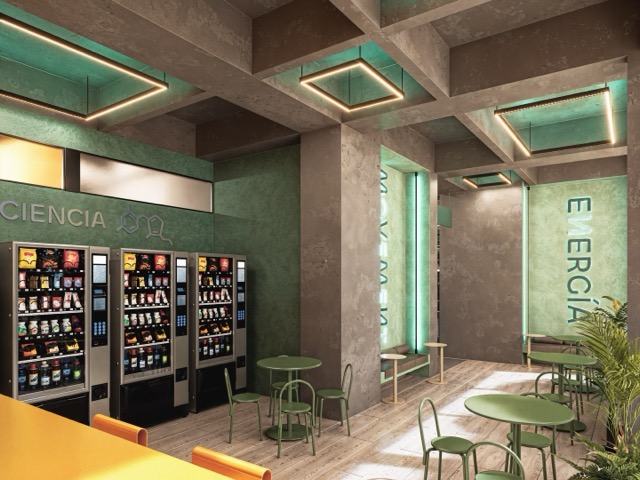 Render zona café y descanso Fenus Belén