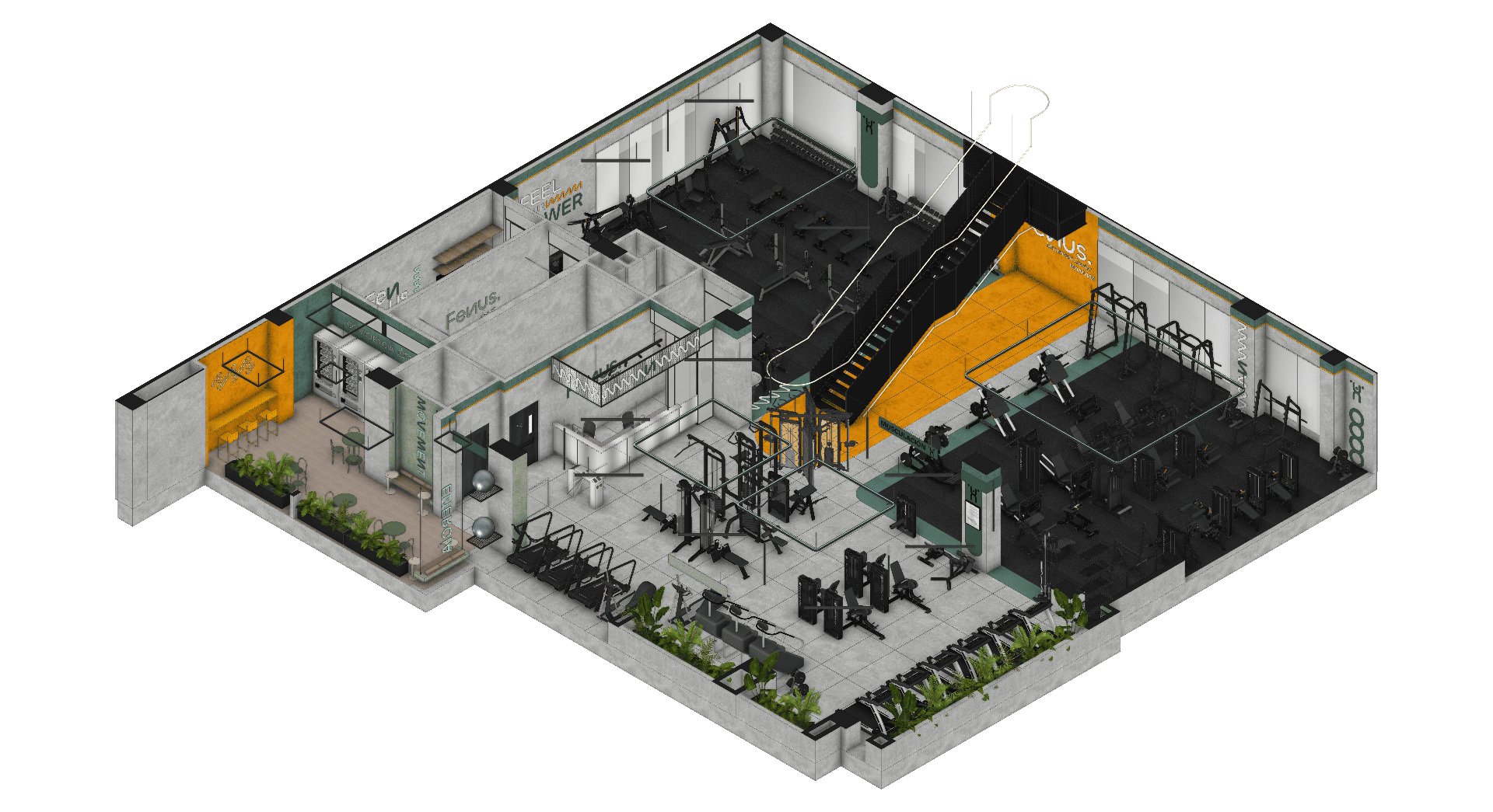 Render isométrico planta principal Fenus Belén