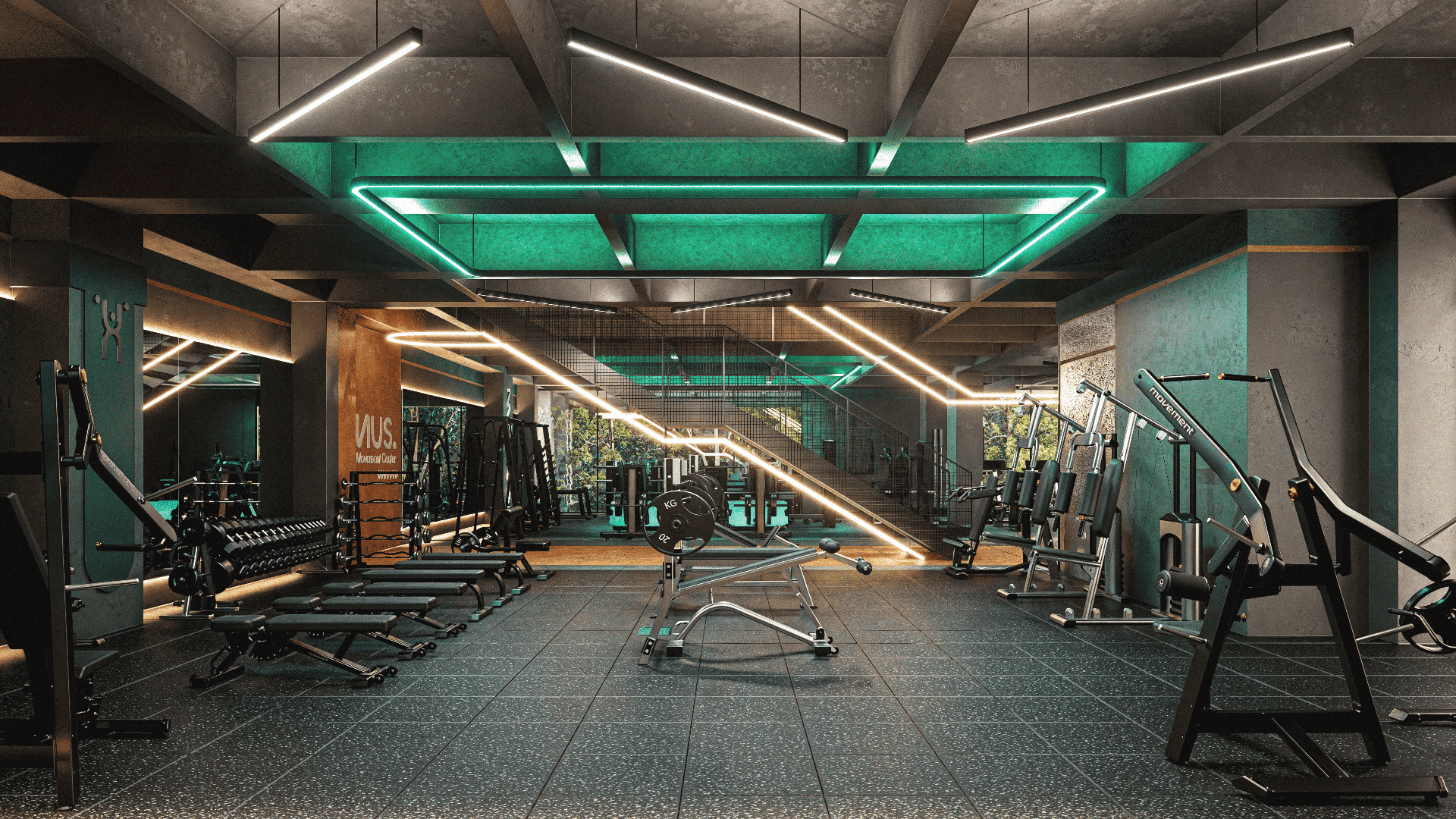 Render zona de fuerza Fenus Belén con iluminación led verde